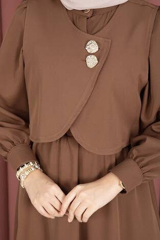 Bolerolu Gold Düğmeli Elbise Takım Kahve - Thumbnail