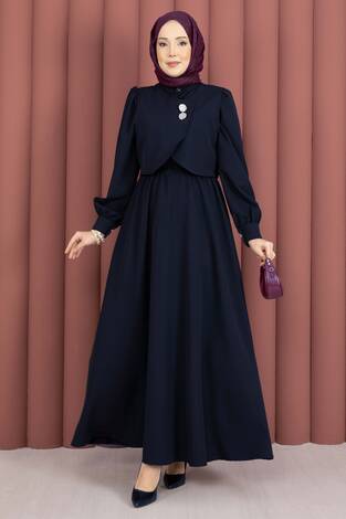 Bolerolu Gold Düğmeli Elbise Takım Lacivert - Thumbnail
