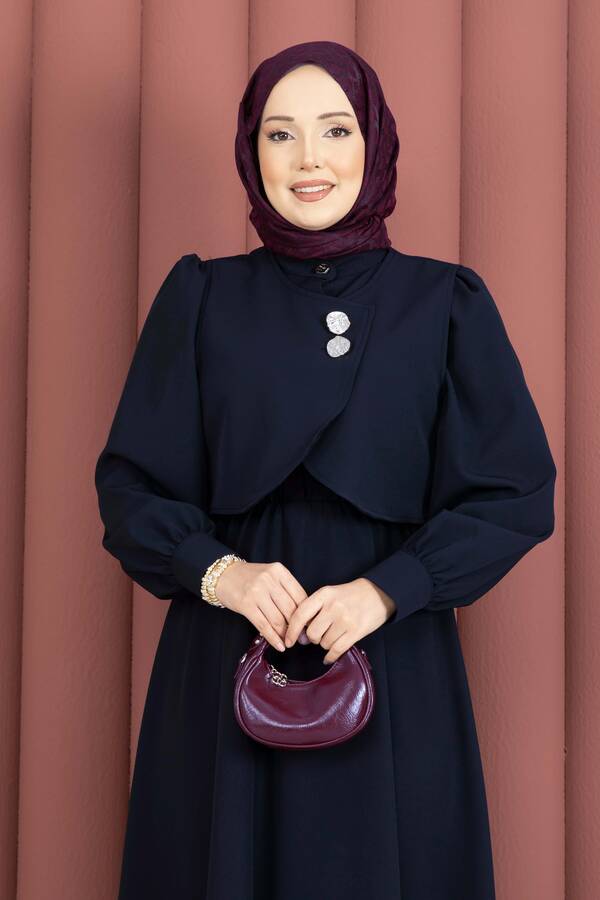 MD - Bolerolu Gold Düğmeli Elbise Takım Lacivert (1)