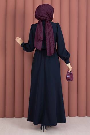 Bolerolu Gold Düğmeli Elbise Takım Lacivert - Thumbnail