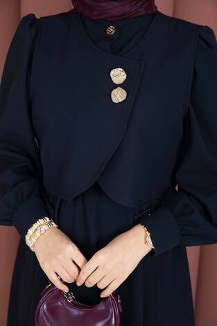 Bolerolu Gold Düğmeli Elbise Takım Lacivert - Thumbnail