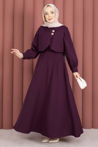 Bolerolu Gold Düğmeli Elbise Takım Mürdüm - Thumbnail