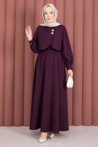 Bolerolu Gold Düğmeli Elbise Takım Mürdüm - Thumbnail