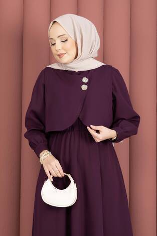 Bolerolu Gold Düğmeli Elbise Takım Mürdüm - Thumbnail