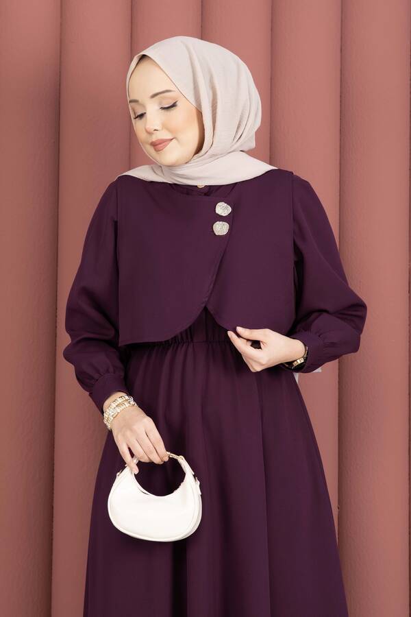 MD - Bolerolu Gold Düğmeli Elbise Takım Mürdüm (1)