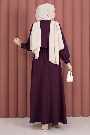 Bolerolu Gold Düğmeli Elbise Takım Mürdüm - Thumbnail