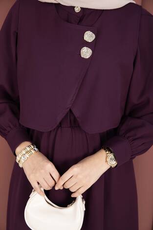 Bolerolu Gold Düğmeli Elbise Takım Mürdüm - Thumbnail