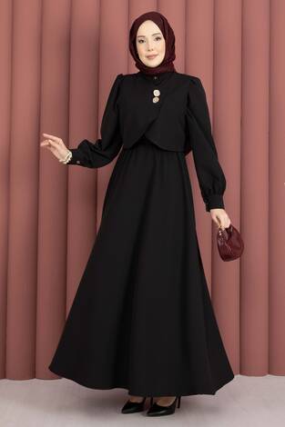 Bolerolu Gold Düğmeli Elbise Takım Siyah