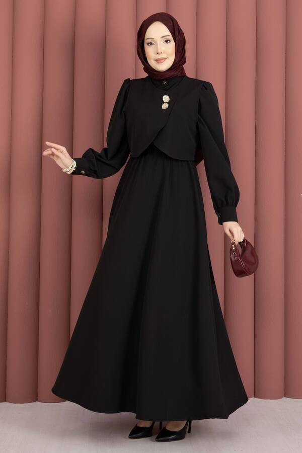 MD - Bolerolu Gold Düğmeli Elbise Takım Siyah