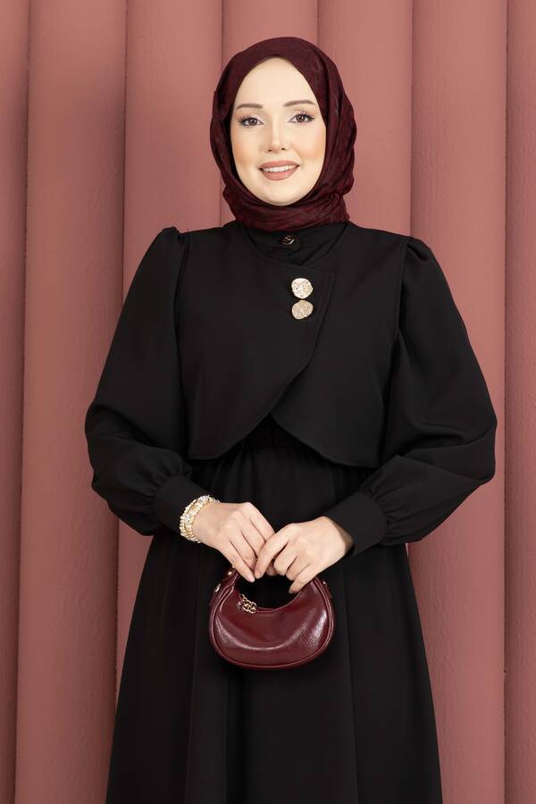 MD - Bolerolu Gold Düğmeli Elbise Takım Siyah (1)