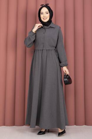 Bolerolu Tesettür Elbise Takım Antrasit - Thumbnail
