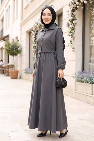 Bolerolu Tesettür Elbise Takım Antrasit - Thumbnail