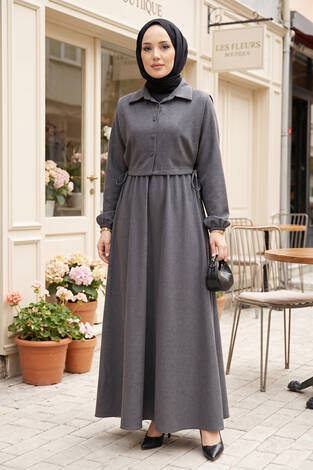 Bolerolu Tesettür Elbise Takım Antrasit - Thumbnail