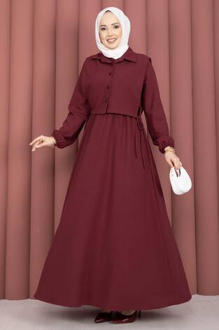 Bolerolu Tesettür Elbise Takım Bordo - Thumbnail