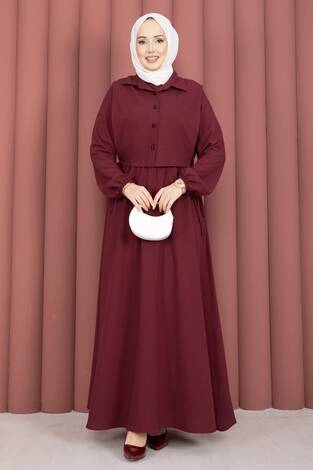 Bolerolu Tesettür Elbise Takım Bordo - Thumbnail