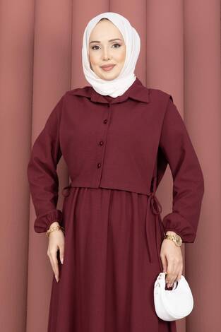Bolerolu Tesettür Elbise Takım Bordo - Thumbnail