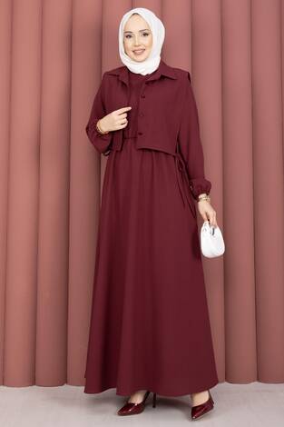 Bolerolu Tesettür Elbise Takım Bordo - Thumbnail