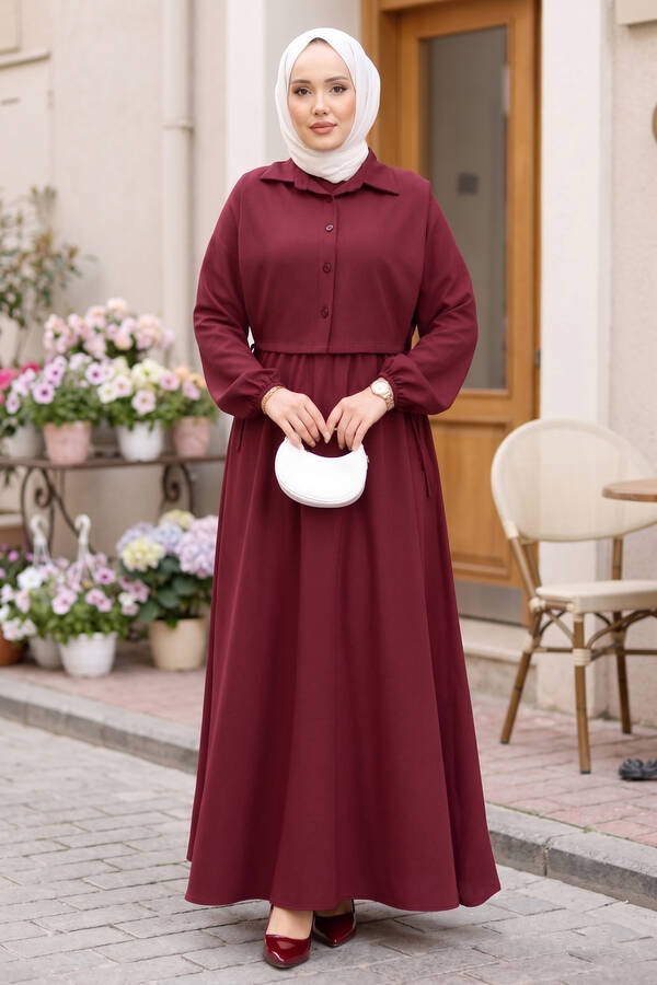 Bolerolu Tesettür Elbise Takım Bordo - 5
