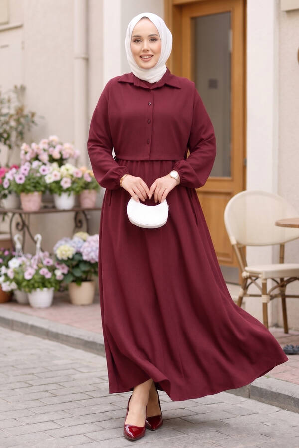 Bolerolu Tesettür Elbise Takım Bordo