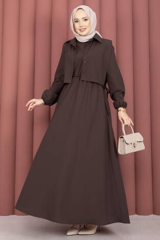 Bolerolu Tesettür Elbise Takım Kahve - Thumbnail