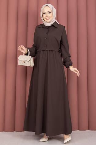 Bolerolu Tesettür Elbise Takım Kahve