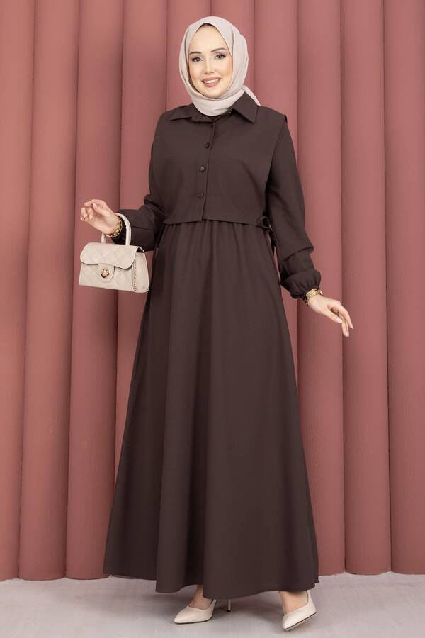 Bolerolu Tesettür Elbise Takım Kahve