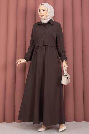 Bolerolu Tesettür Elbise Takım Kahve - Thumbnail