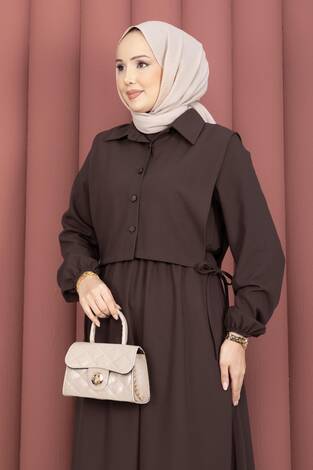 Bolerolu Tesettür Elbise Takım Kahve - Thumbnail