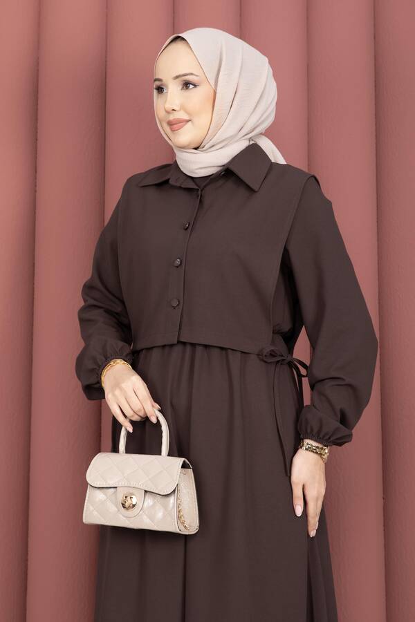 MD - Bolerolu Tesettür Elbise Takım Kahve (1)