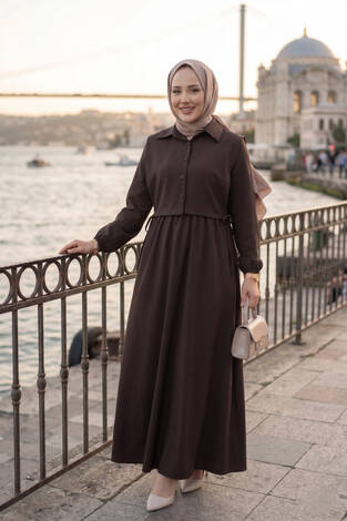 Bolerolu Tesettür Elbise Takım Kahve - Thumbnail