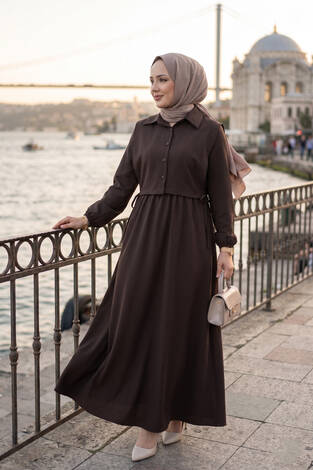Bolerolu Tesettür Elbise Takım Kahve - Thumbnail