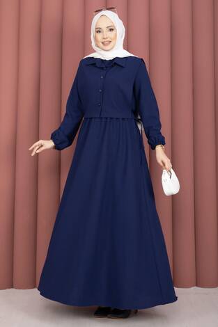Bolerolu Tesettür Elbise Takım Lacivert - Thumbnail
