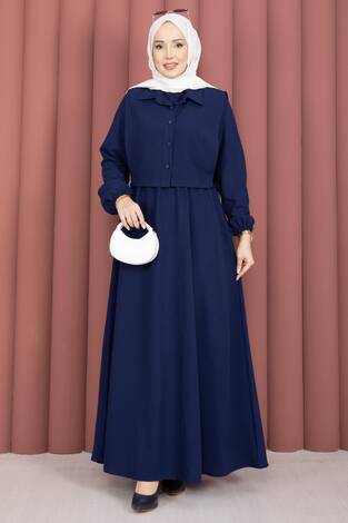 Bolerolu Tesettür Elbise Takım Lacivert - Thumbnail