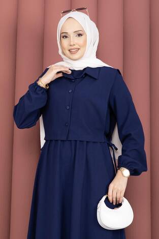 Bolerolu Tesettür Elbise Takım Lacivert - Thumbnail