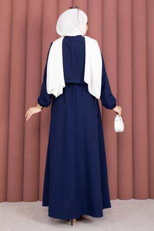 Bolerolu Tesettür Elbise Takım Lacivert - Thumbnail
