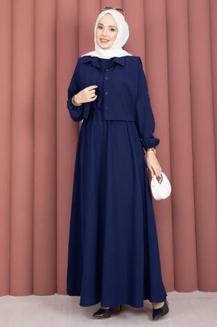 Bolerolu Tesettür Elbise Takım Lacivert - Thumbnail