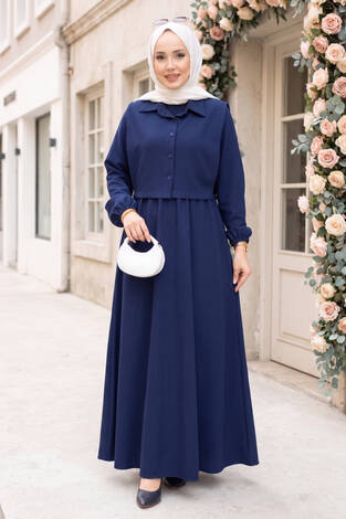 Bolerolu Tesettür Elbise Takım Lacivert - Thumbnail