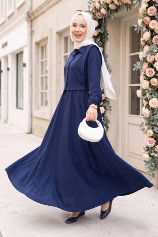 Bolerolu Tesettür Elbise Takım Lacivert