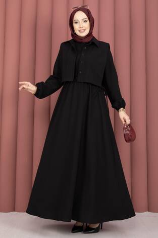 Bolerolu Tesettür Elbise Takım Siyah - Thumbnail