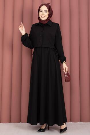 Bolerolu Tesettür Elbise Takım Siyah - Thumbnail