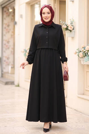 Bolerolu Tesettür Elbise Takım Siyah - Thumbnail