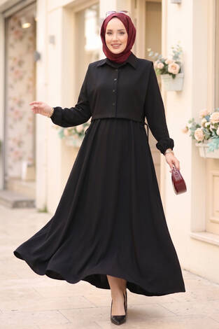 Bolerolu Tesettür Elbise Takım Siyah - Thumbnail