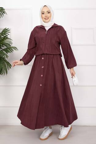 Bomber Ceket & Düğmeli Etek Takım Bordo - Thumbnail