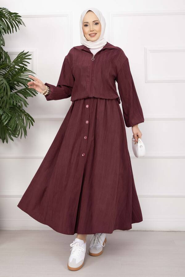 Ums - Bomber Ceket & Düğmeli Etek Takım Bordo