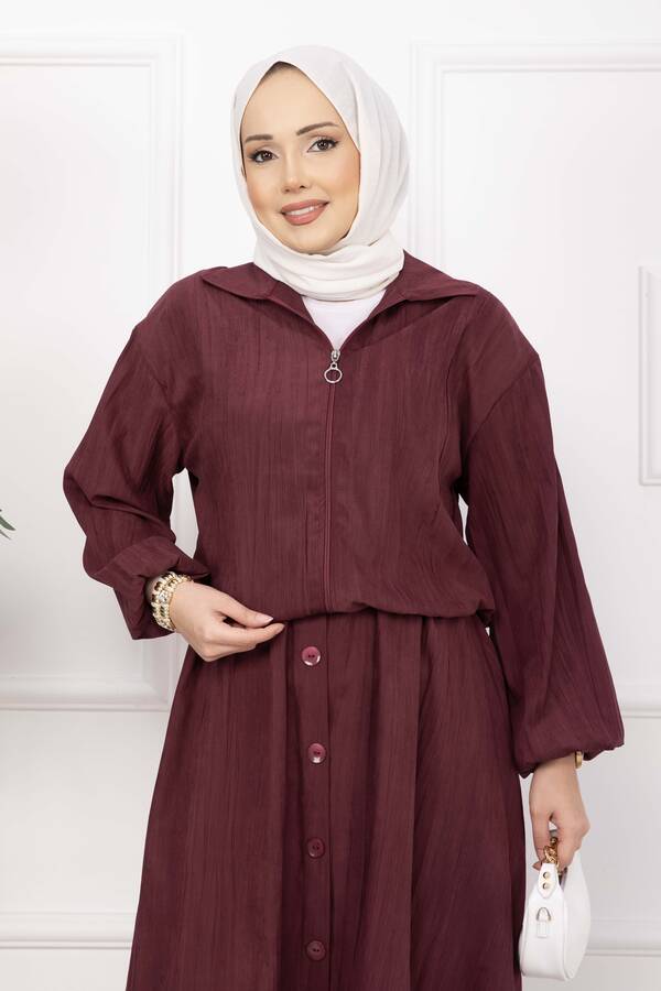 Ums - Bomber Ceket & Düğmeli Etek Takım Bordo (1)