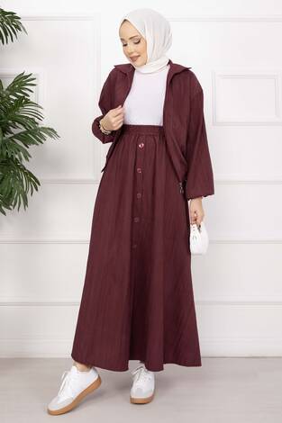 Bomber Ceket & Düğmeli Etek Takım Bordo - Thumbnail