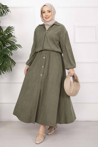 Bomber Ceket & Düğmeli Etek Takım Haki - Thumbnail