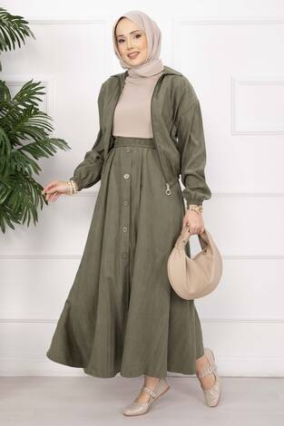 Bomber Ceket & Düğmeli Etek Takım Haki - Thumbnail