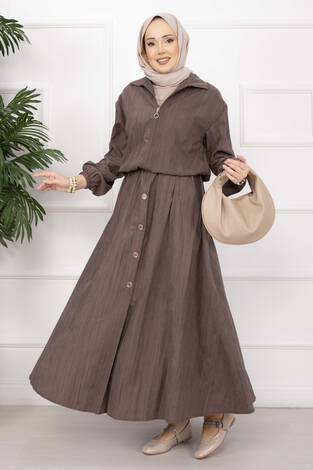 Bomber Ceket & Düğmeli Etek Takım Kahve - Thumbnail