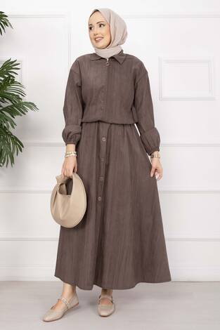 Bomber Ceket & Düğmeli Etek Takım Kahve - Thumbnail